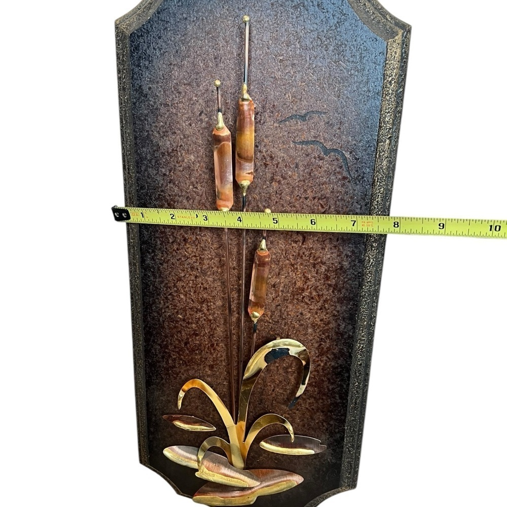 Vintage MCM Cattail Copper Brass Wooden Wall Plaques Decor Retro - Picture 8 of 9